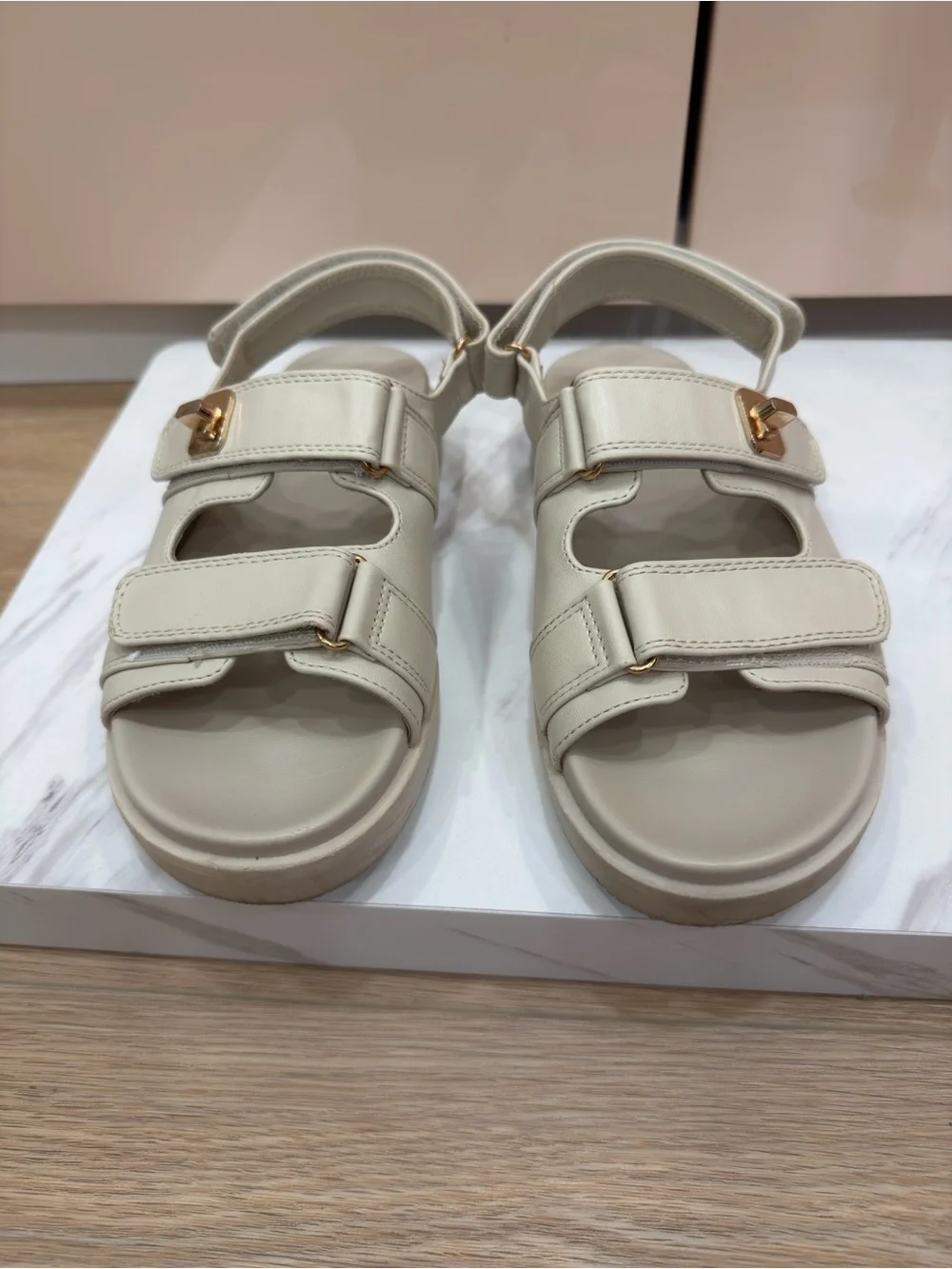 art class Cream Kids Strappy Velcro Sandals with Gold Accent
